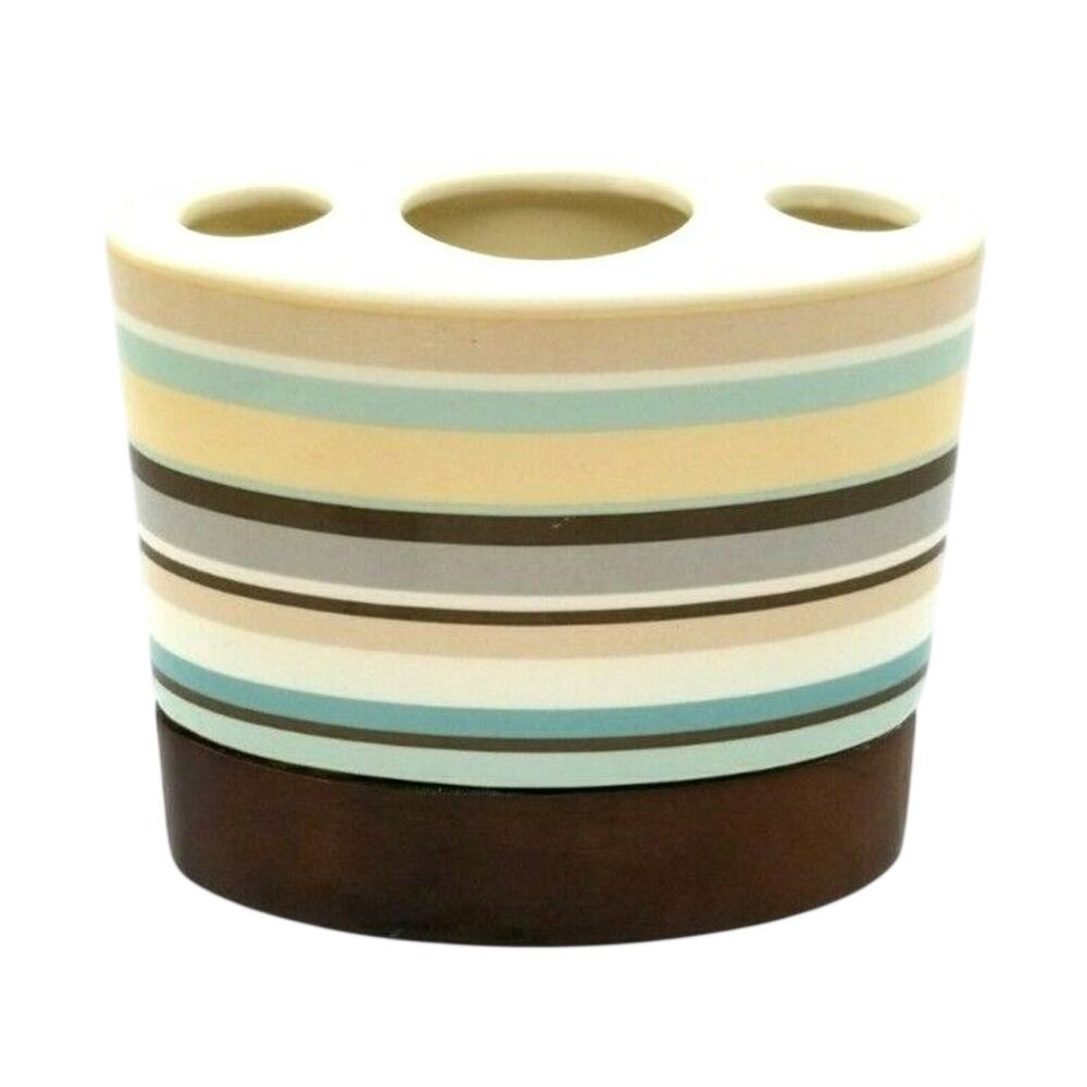 Handcrafted Ceramic Toothbrush Holder On Wood Base Brown Green Cream Striped
